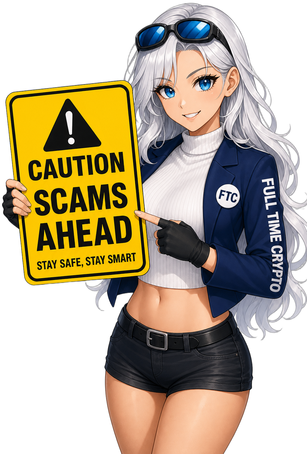 Lexi, the Full Time Crypto scout, holding a caution sign about scams