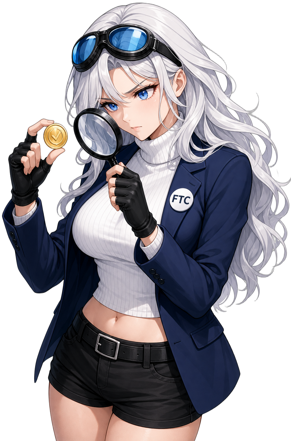 Lexi, the Full Time Crypto scout, inspecting a coin with a magnifying glass